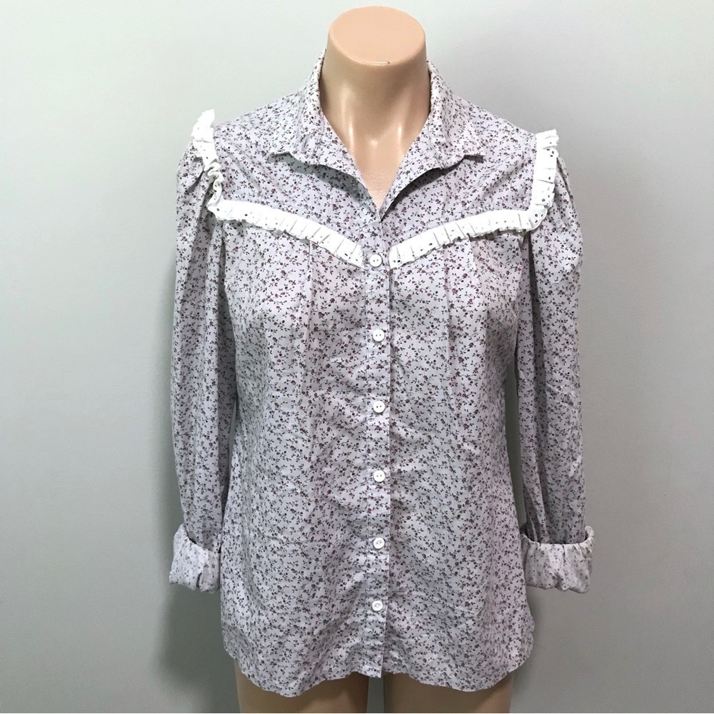 Prairie Cottagecore Dainty Feminine Modest Micro Floral Ruffle 80s Button Shirt
